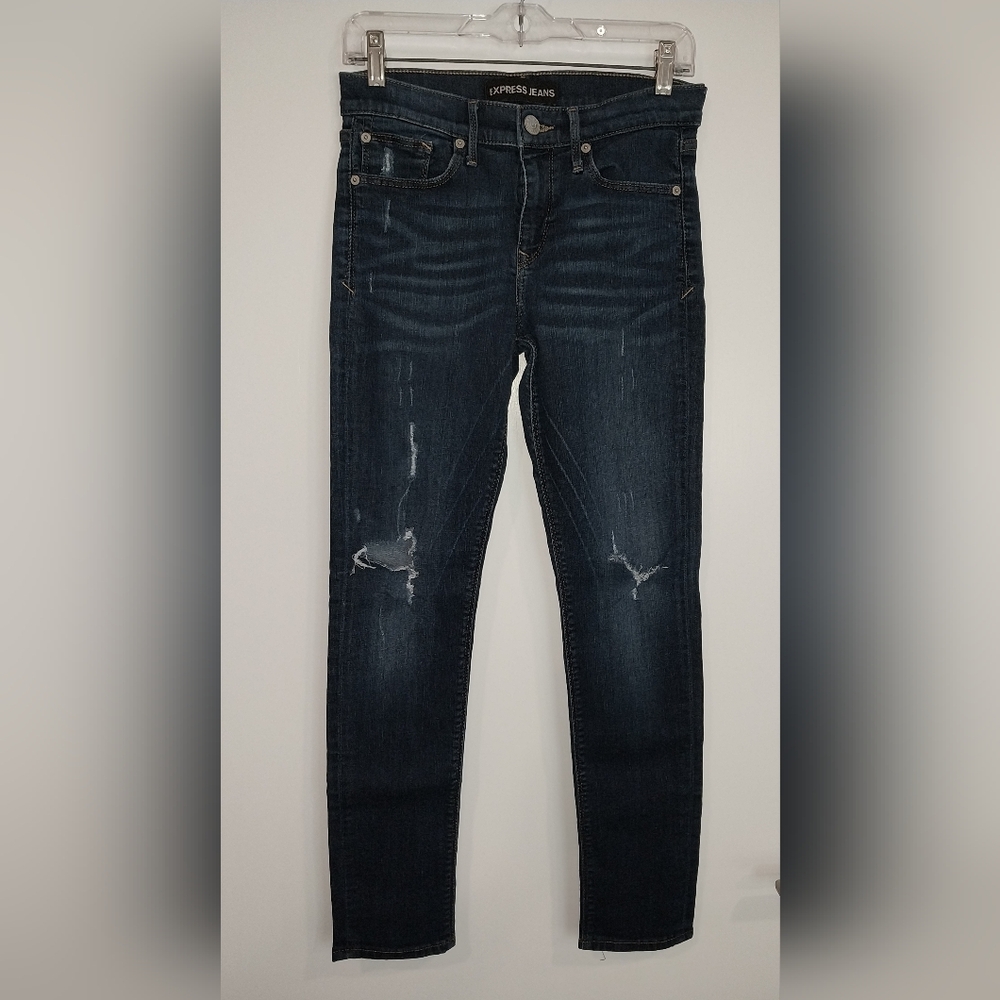 Express Jeans Womens 4R Super Skinny Mid Rise Stretch Dark Wash Distressed